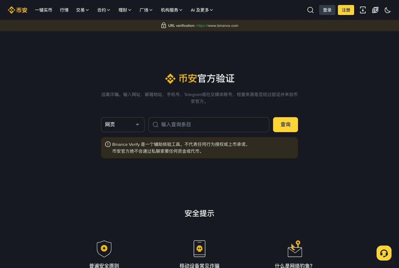 币安官方验证页面截图,可以选择网页、邮箱、手机号、Telegram 等类型并输入查询条目