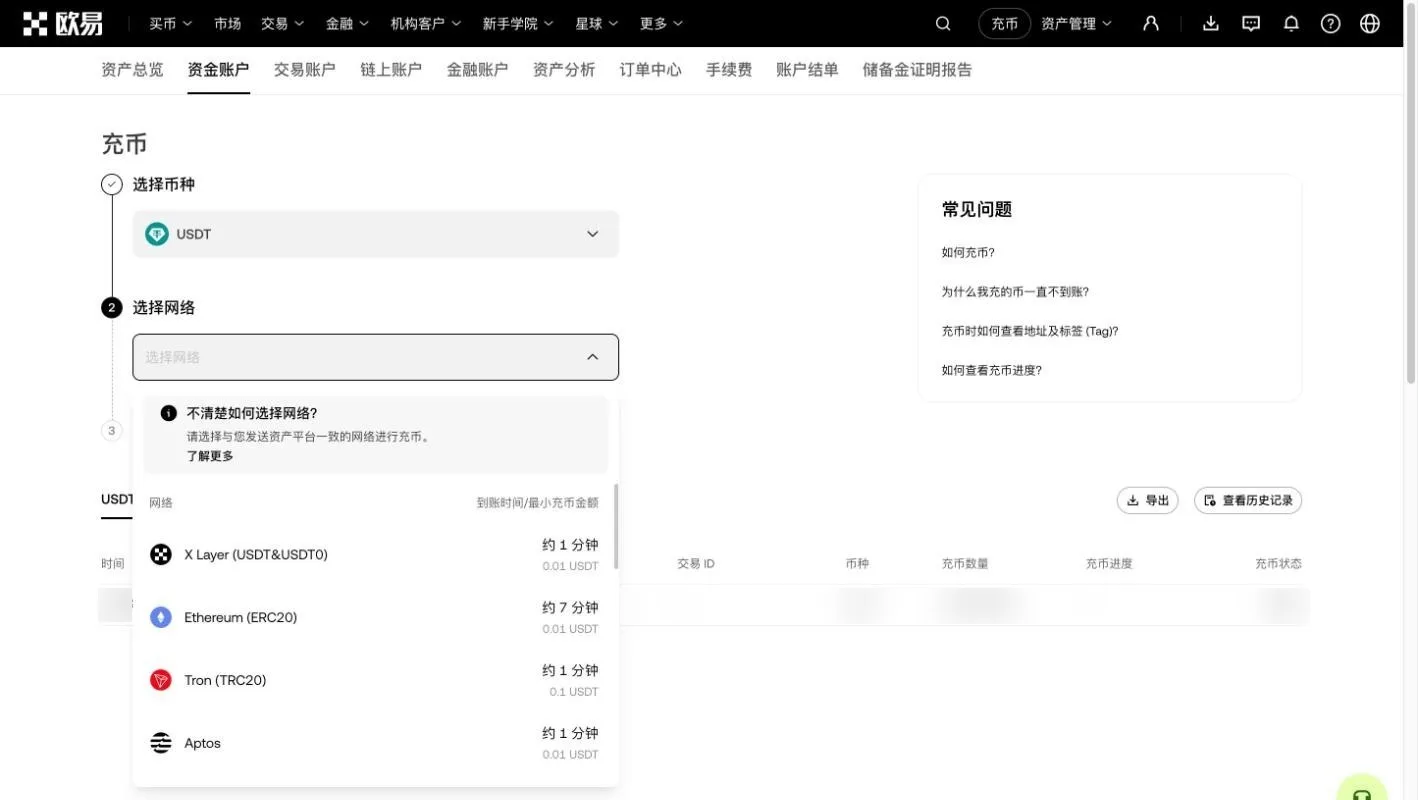 欧易 USDT 充币页面截图，选择网络下拉列表显示 X Layer、ERC20、TRC20 等网络和到账时间、最小充币金额