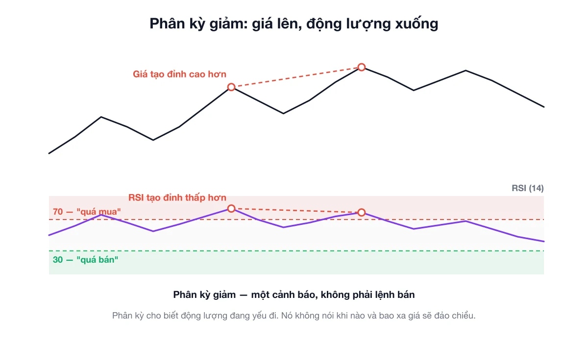Biểu đồ giá tạo đỉnh cao hơn trong khi bảng RSI bên dưới tạo đỉnh thấp hơn, được đánh dấu là phân kỳ giảm