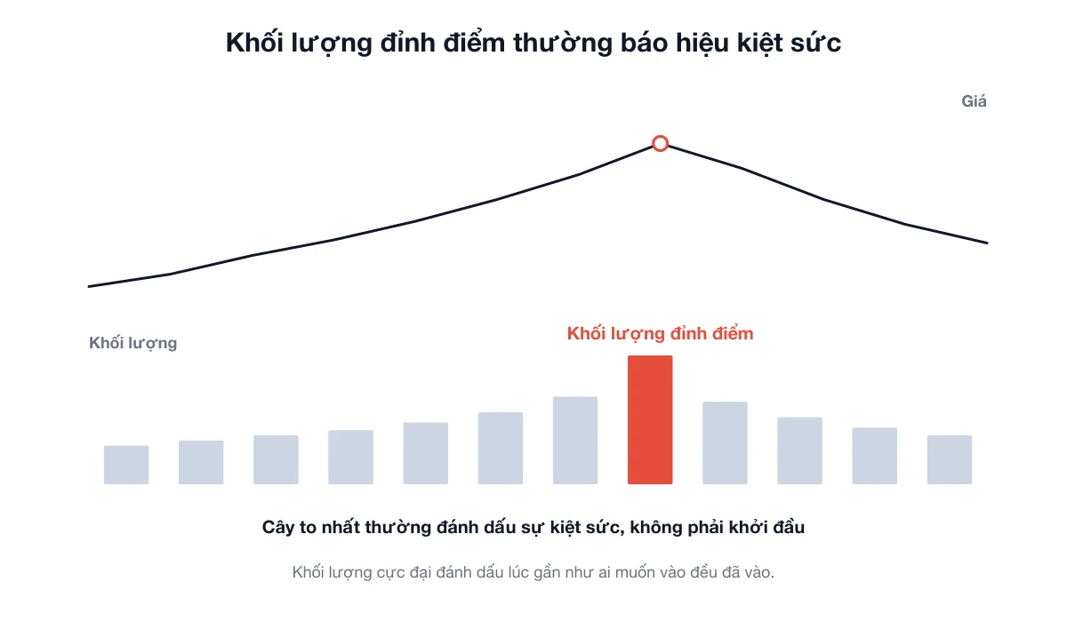 Biểu đồ giá với cột khối lượng cực đại ở đỉnh đợt tăng, sau đó giá quay đầu giảm