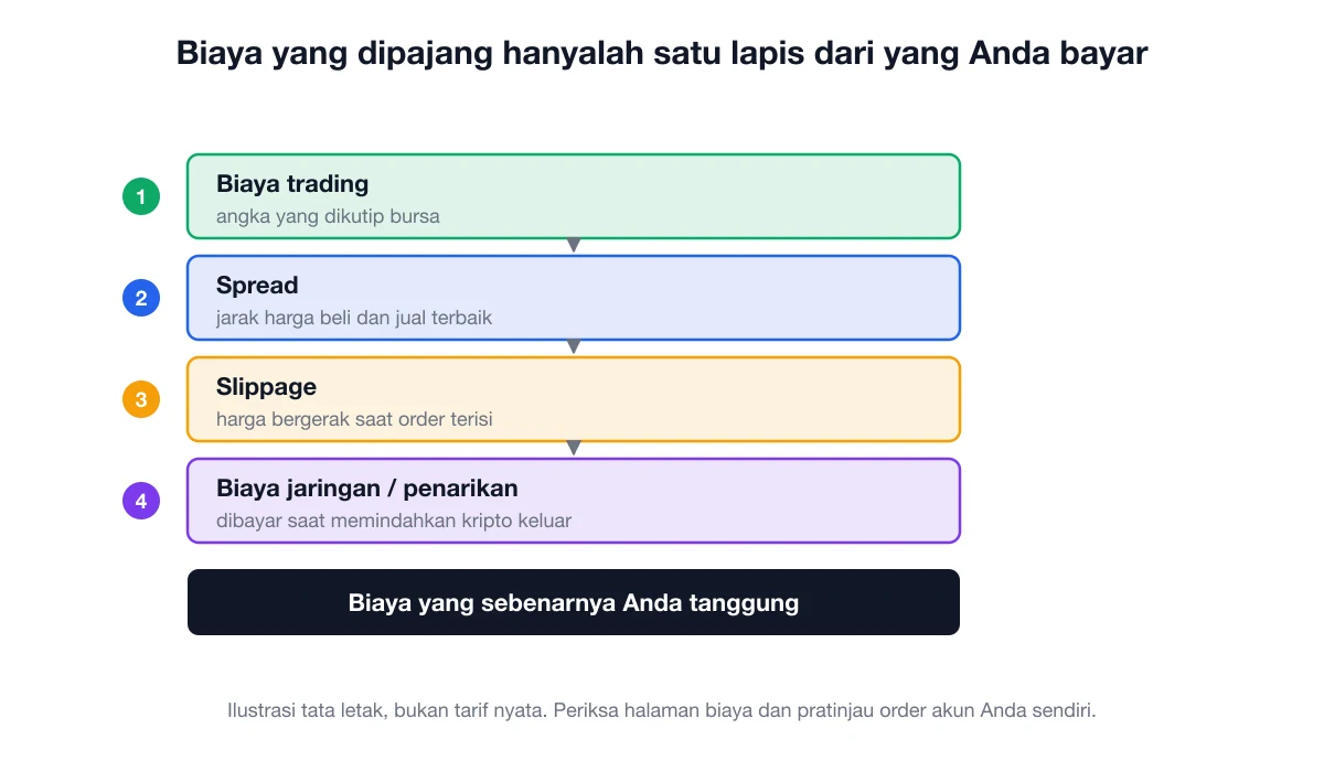 Empat lapis biaya trading: biaya trading, spread, slippage, dan biaya jaringan saat penarikan