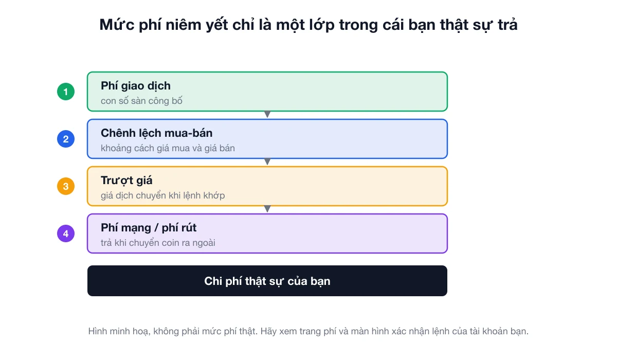 Bốn lớp chi phí giao dịch: phí giao dịch, chênh lệch mua-bán, trượt giá và phí mạng khi rút