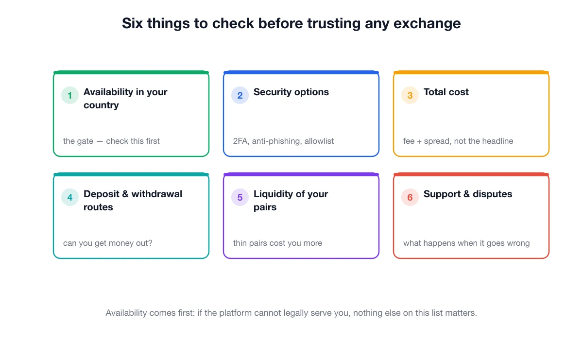 Six criteria for evaluating a crypto exchange: availability, security, total cost, deposit and withdrawal routes, liquidity and support
