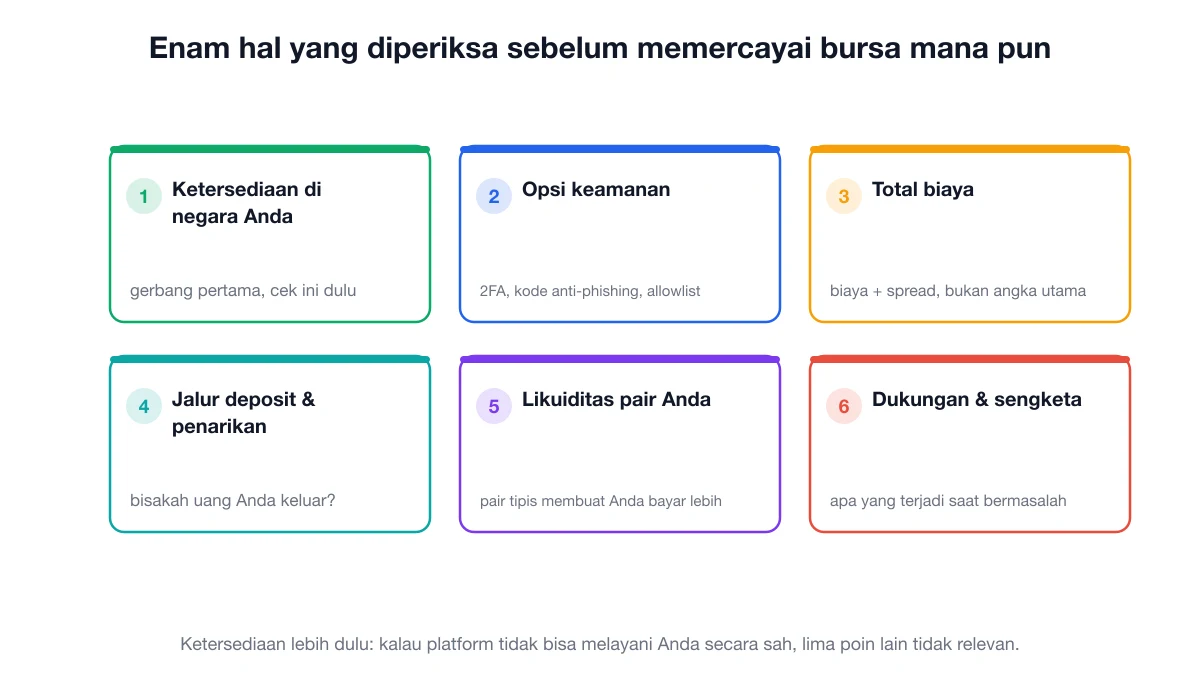 Enam kriteria menilai bursa kripto: ketersediaan, keamanan, total biaya, jalur deposit dan penarikan, likuiditas, dan dukungan