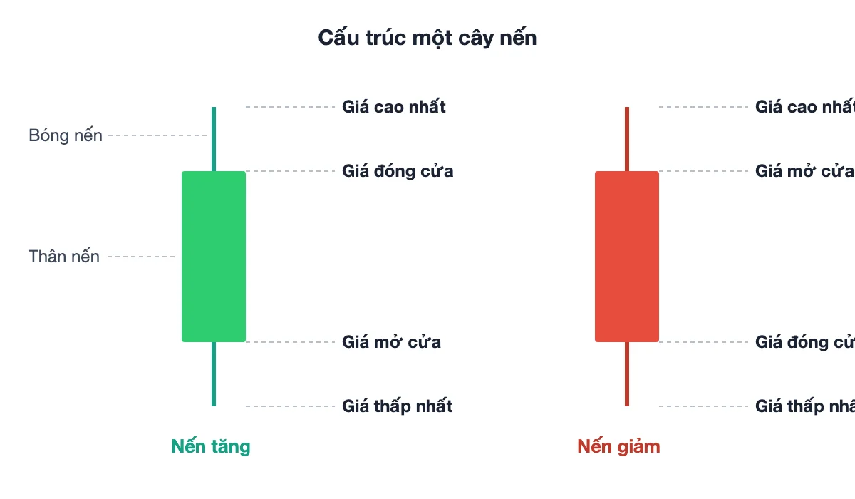 Cấu trúc cây nến: giá mở, đóng, cao nhất, thấp nhất, thân và bóng nến